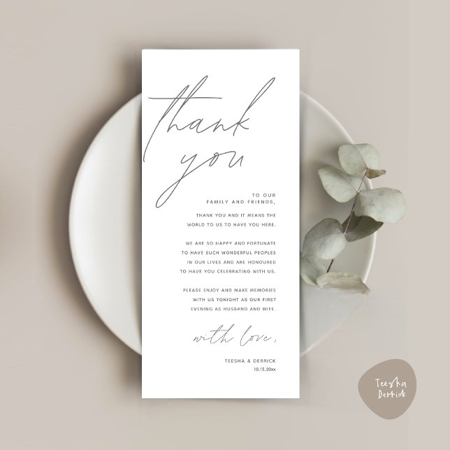 Carte de remerciements de réglage minimaliste du M (Wedding Place Setting Thank You Card, Modern Minimalist in Dark Grey)