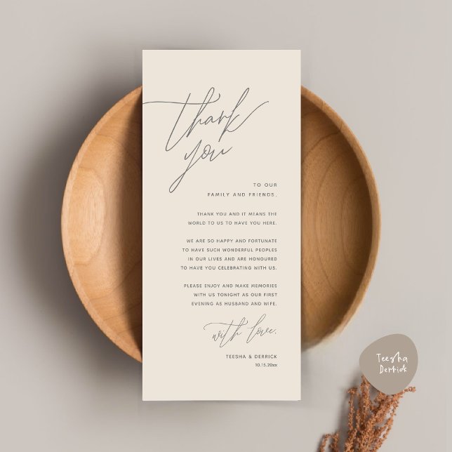 Carte de remerciements de réglage minimaliste du M (Romantic Minimalist Wedding Dinner Place Setting Thank You Card, in Summer Cream Grey)