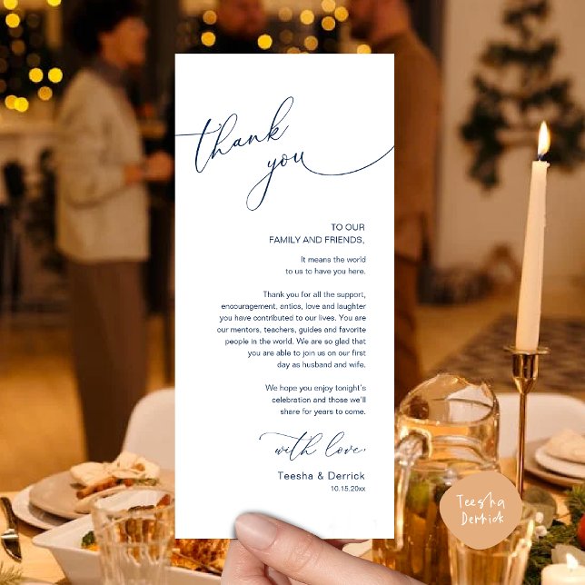 Carte de remerciements de réglage minimaliste du M (Romantic Wedding Dinner Lunch Brunch Party Place Setting Thank You Card in Classy Navy Blue)