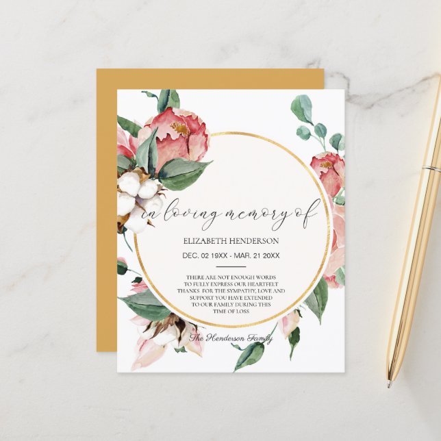 CARTE DE REMERCIEMENTS de sympathie BUDGET. Feuill (Devant/Arrière en situation)