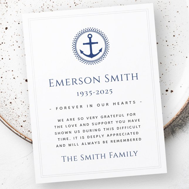 Carte de remerciements de sympathie funéraire de l (Nautical anchor funeral sympathy thank you card)
