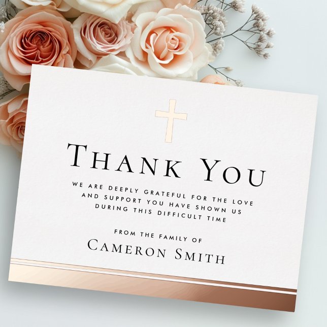 carte de remerciements de sympathie pour l'or rose (Rose gold cross and border sympathy thank you card)