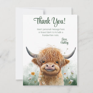 Carte de remerciements de vache Highland à fleurs 