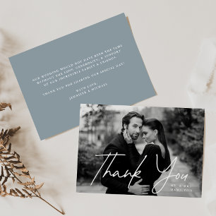 Carte De Remerciements Décontracté Script Dusty Blue Photo Mariage