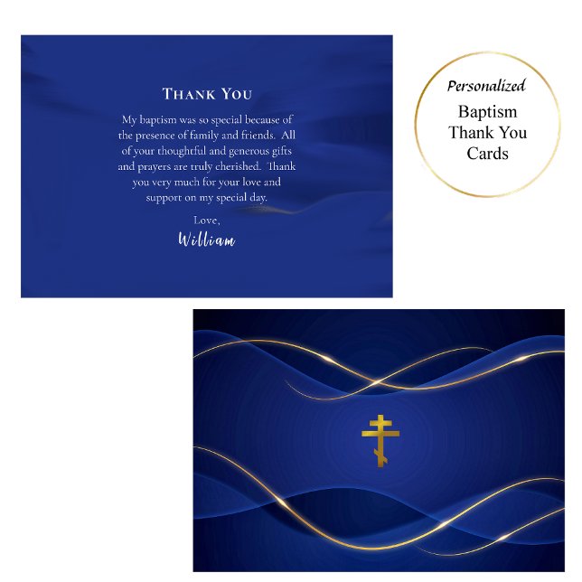 Carte De Remerciements Deep Blue Metallic Gold Orthodox Christian Baptism (Créateur téléchargé)