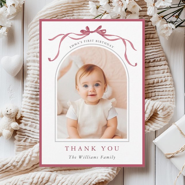 Carte De Remerciements Deep Blush Pink Bow Minimal Birthday Photo  (Créateur téléchargé)