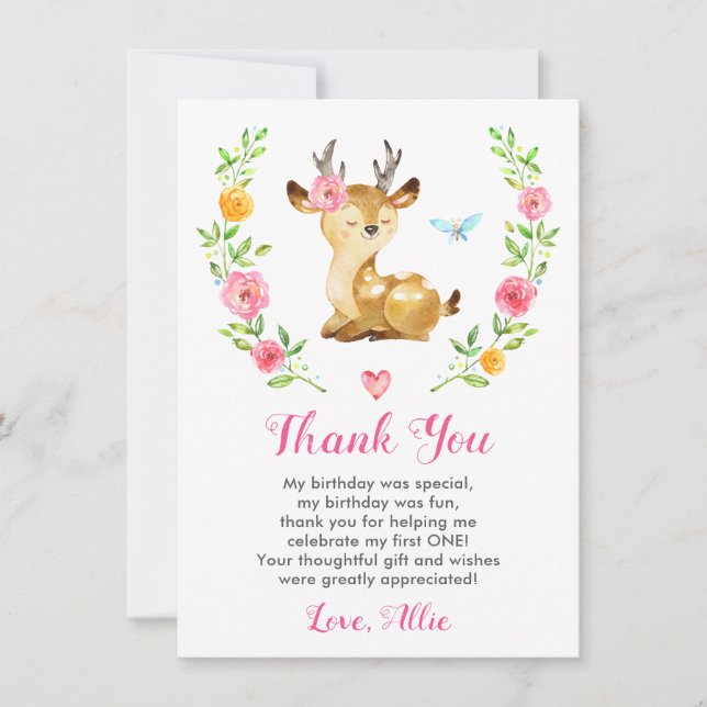 Carte De Remerciements Deer Baby Girl First Birthday Party Doe Floral (Devant)