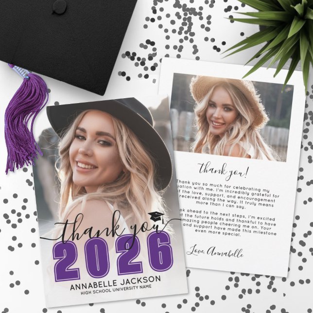Carte De Remerciements Dégradé de photo violet (Purple Photo Graduation Thank You Card )