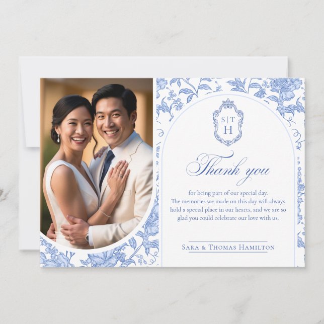 Carte De Remerciements Delft Blue Floral Chinoiserie Monogram Wedding (Devant)