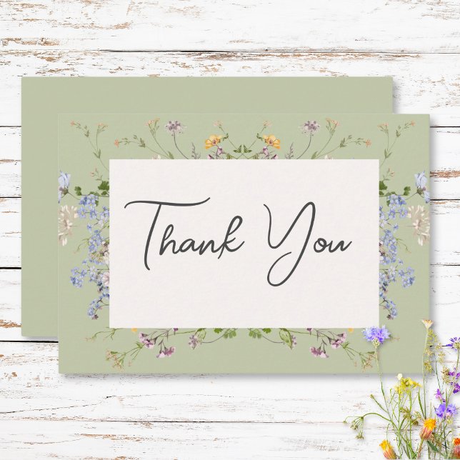 Carte De Remerciements Délicat Fleur sauvage Boho Mariage vert (Delicate Boho Wildflowers Green Wedding Thank You Card)