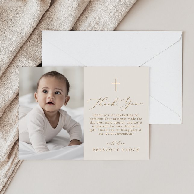 Carte De Remerciements Délicat Gold Cream Photo Simple Cross Baptême (Delicate Gold Cream Photo Simple Cross Baptism Thank You Card)