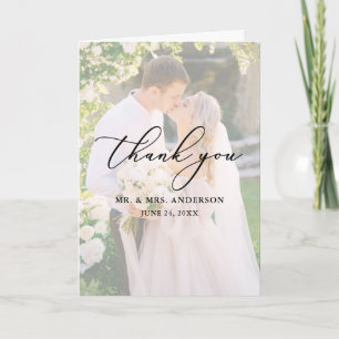 Carte De Remerciements Delicate Calligraphy Wedding 2 Photo Overlay Fold