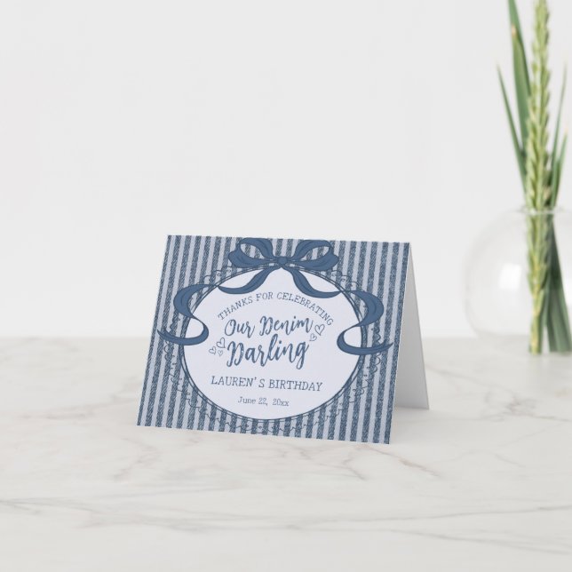 Carte De Remerciements Denim Coquette Bow Blue Jean Birthday Thank You  (Devant)