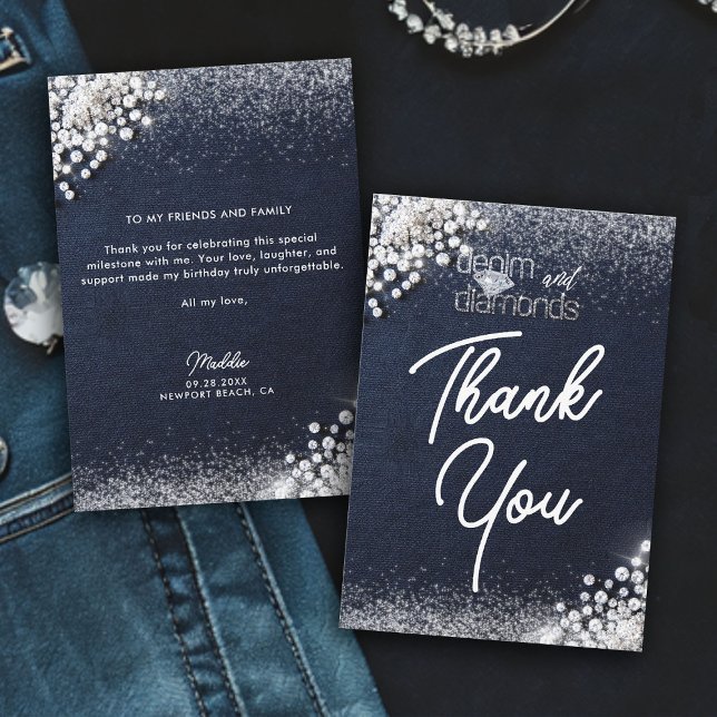 Carte De Remerciements Denim Diamonds Bling Classy Elegant Birthday Party (denim and diamonds thank you card birthday party glam bling elegant stylish tasteful chic custom)