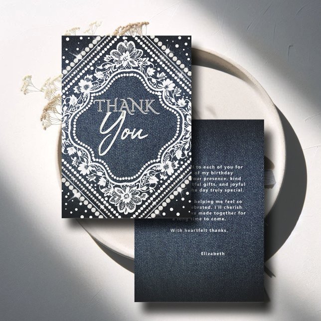 Carte De Remerciements Denim Pearls Lace élégant moderne 50e anniversaire (denim diamonds pearls thank you card blue white calligraphy modern classy chic)