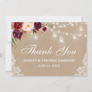 Carte De Remerciements Dentelle de lumière Kraft Rustique Mariage Floral 