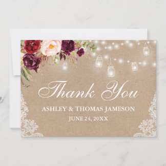 Carte De Remerciements Dentelle de lumière Kraft Rustique Mariage Floral 