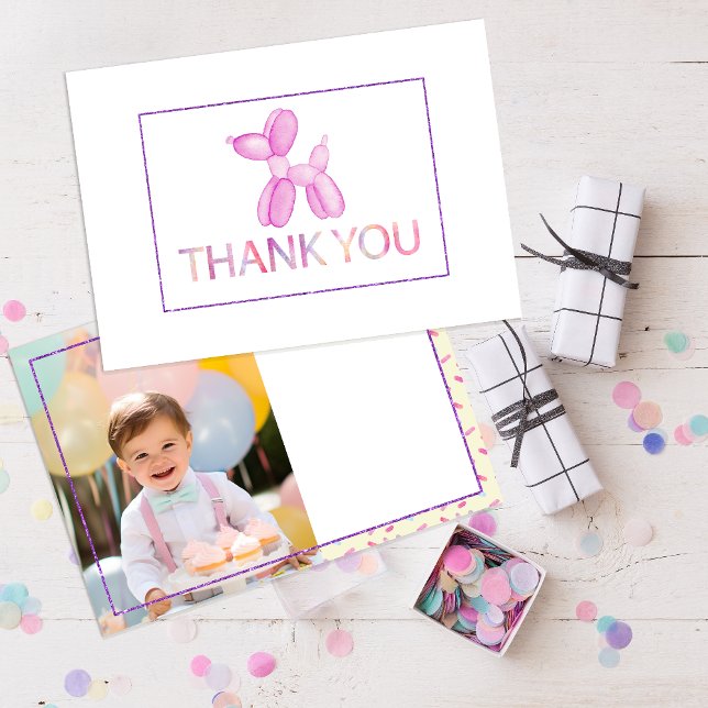 Carte de remerciements des enfants de chien de bal (purple glitter watercolor balloon animal thank you card)