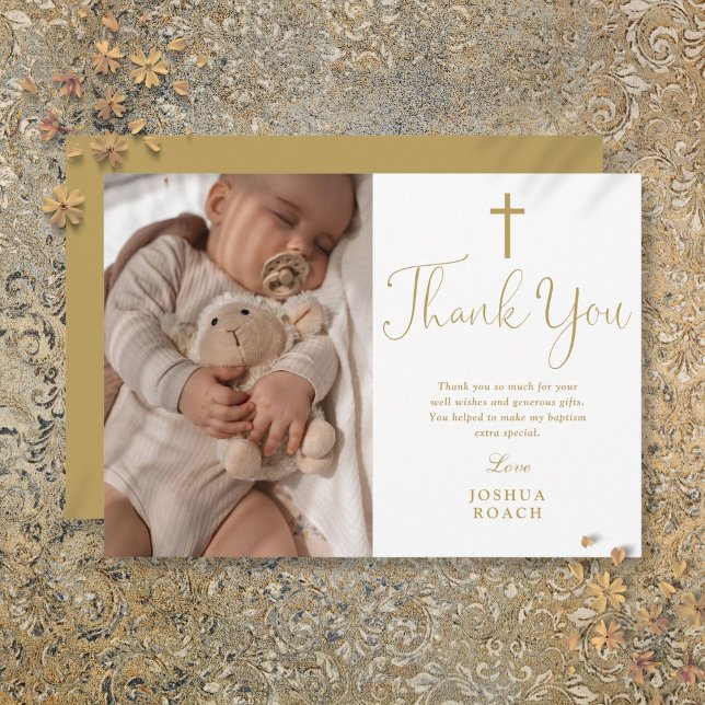 Carte De Remerciements Design Elegant Gold Script photo Baptême (Modern Elegant Gold Script Photo Baptism Thank You Card)
