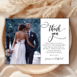 Carte De Remerciements Design moderne Calligraphie Script 2 Mariage photo<br><div class="desc">Élégant Moderne Chic Boho Calligraphie Script Mariage 2 Carte de remerciements photo. Un mariage élégant merci modèle avec une photo verticale complète sur le devant avec du texte "Merci" dans une main tourbillonnant fantaisie lettrage typographie script swash tail police overlay sur l'image et un côté inverse (1) photo et pré-fait...</div>