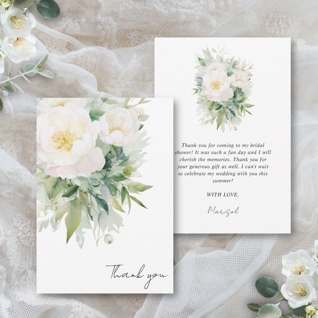 Carte De Remerciements Despedida de Soltera Fête des mariées espagnole (This elegant bridal shower thank you card features a neutral white floral color palette)