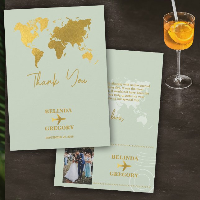 Carte De Remerciements Destination Mariage Monde Passport Sage Vert Or (Destination Wedding World Passport Sage Green Gold Thank You Card)
