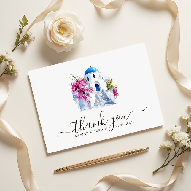 Carte De Remerciements Destination Wedding Modern Bougainvillea Blue Dome (Créateur téléchargé)