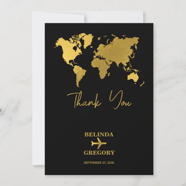 Carte De Remerciements Destination Wedding World Passport Black Gold (Devant)
