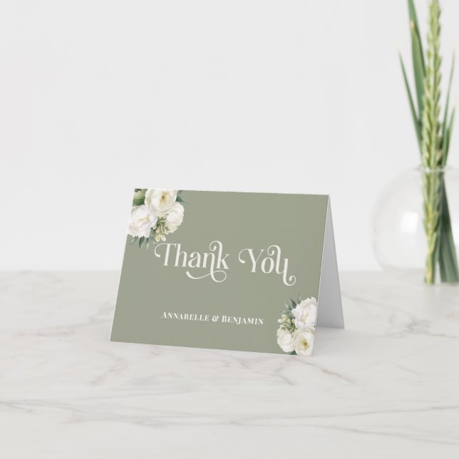 Carte De Remerciements Détails du Mariage de fleurs vert et blanc Sage (Devant)