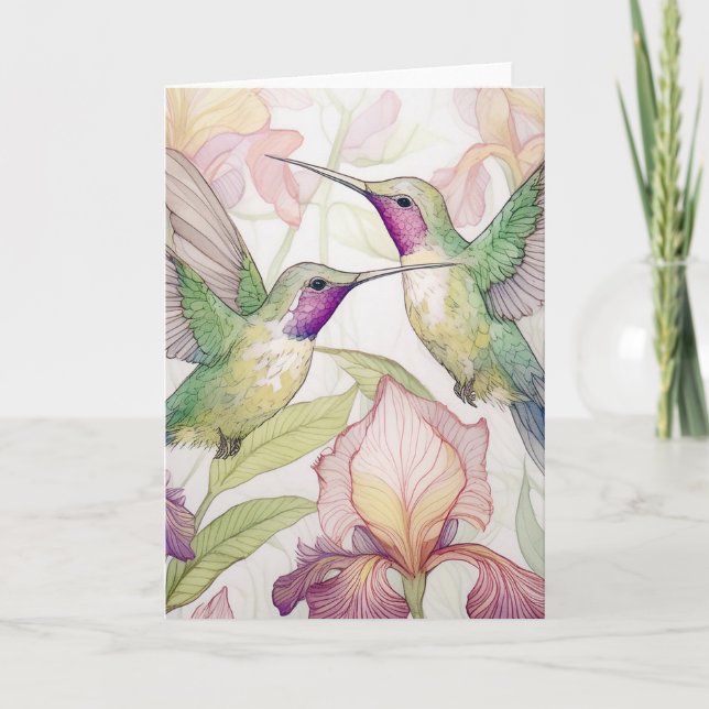 Carte De Remerciements Deux colibris à la pêche Iris (Devant)