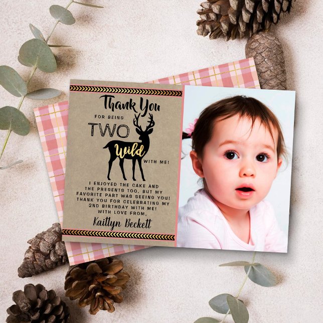 Carte De Remerciements Deux Filles sauvages Cerf de bois 2e anniversaire  (Créateur téléchargé)