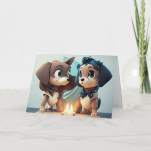Carte De Remerciements Deux mignons petits chiots célébrant un anniversai