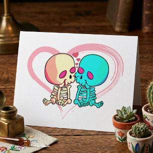 Carte De Remerciements Deux squelettes romantiques baiser avec coeur rose
