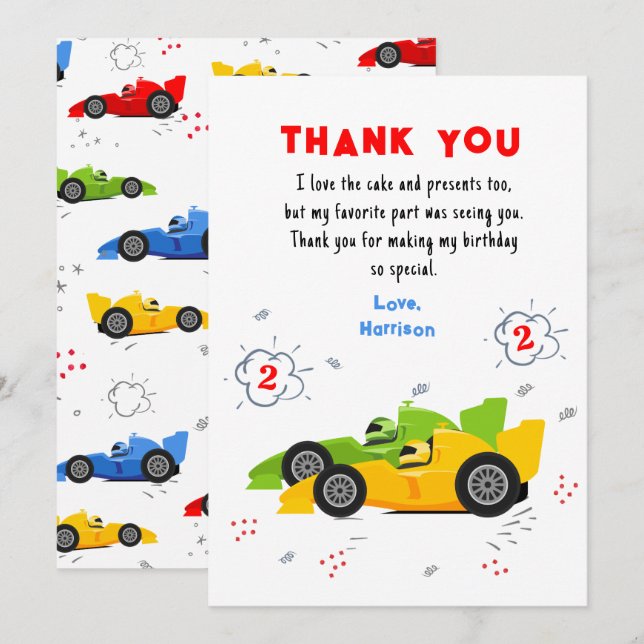 Carte De Remerciements Deux voitures de course rapides pour le 2e anniver (Devant / Derrière)