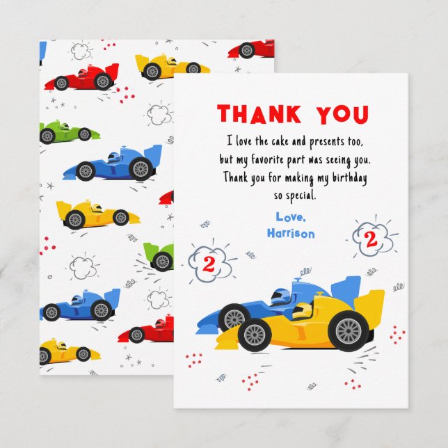Carte De Remerciements Deux voitures de course rapides pour le 2e anniver (Devant / Derrière)