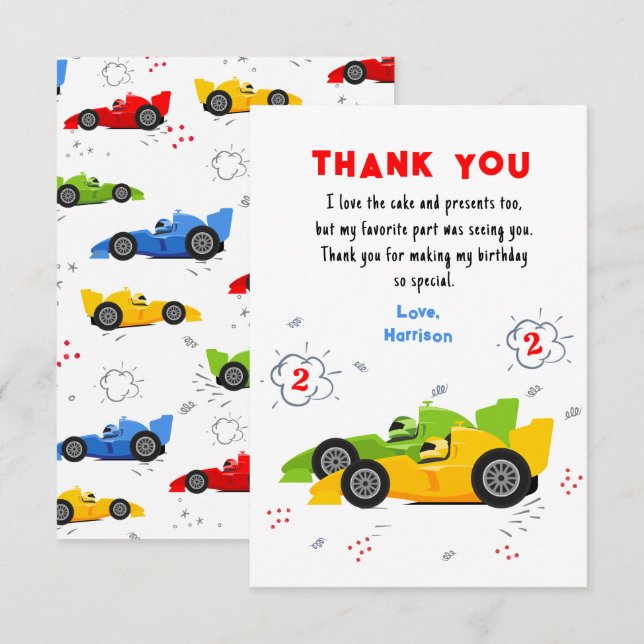 Carte De Remerciements Deux voitures de course rapides pour le 2e anniver (Devant / Derrière)