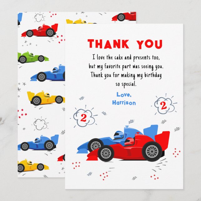 Carte De Remerciements Deux voitures de course rapides pour le 2e anniver (Devant / Derrière)