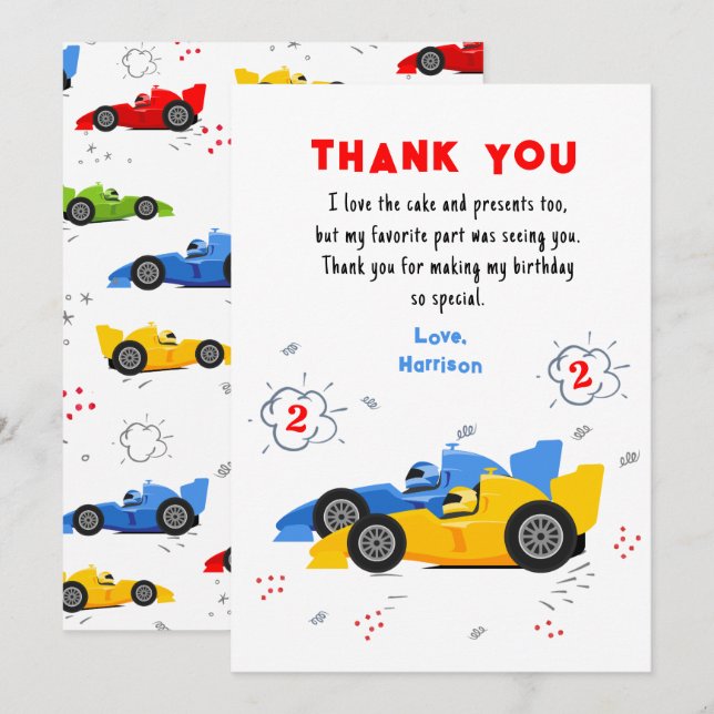 Carte De Remerciements Deux voitures de course rapides pour le 2e anniver (Devant / Derrière)