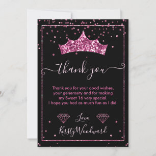 Carte De Remerciements Diadème de confettis Diamant Rose Sweet 16