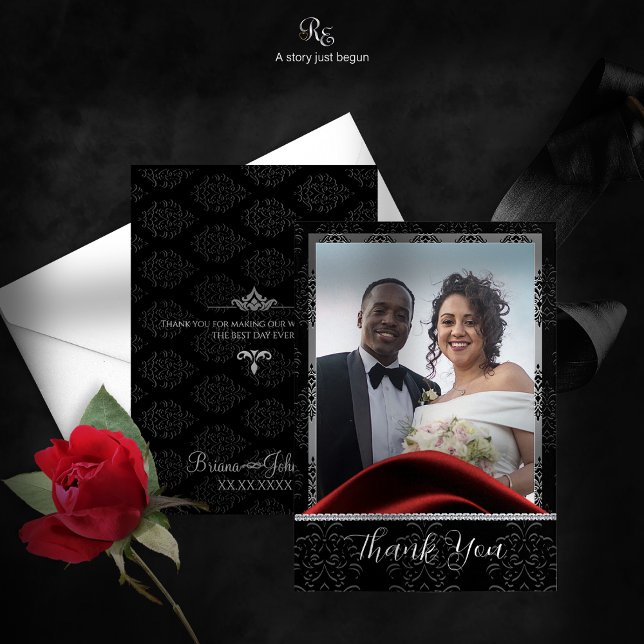 Carte De Remerciements Diamant de Cravate noire (Black Tie Diamond Thank You Card front and back view showcasing luxe design and customizable photo.)