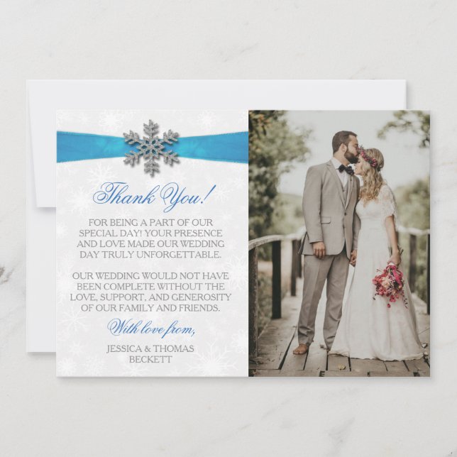 Carte De Remerciements Diamante Snowflake & Blue Ribbon Mariage d'hiver (Devant)