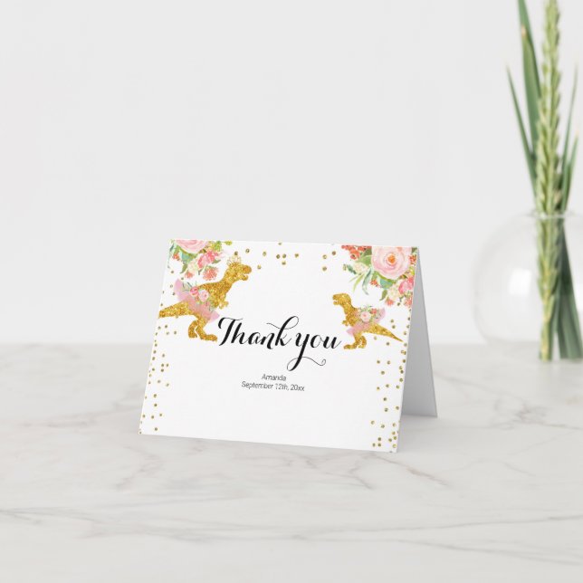 Carte de remerciements Dino Girl Rose Gold (Devant)