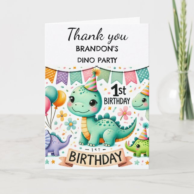 Carte De Remerciements Dinosaur 1er anniversaire fête Boy Dino Cute (Devant)