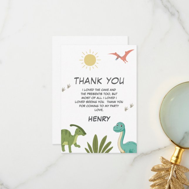 Carte De Remerciements Dinosaur fête d'anniversaire (Devant/Arrière en situation)