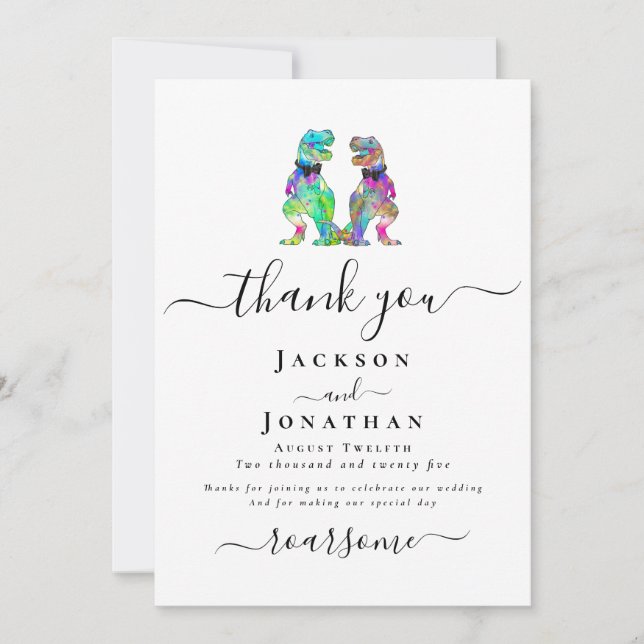 Carte De Remerciements Dinosaur Two Grooms Gay Wedding Thank You (Devant)