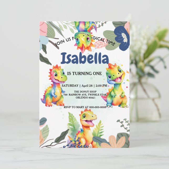 Carte De Remerciements Dinosaure Arc-en-ciel floral mignon Bonne fête d'a (Debout devant)