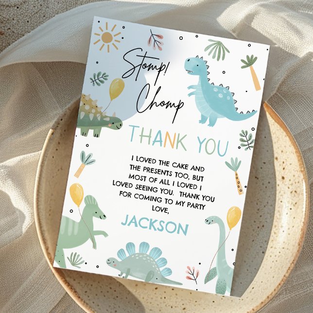 Carte De Remerciements Dinosaure de la fête de la Chompe Bleue Vert 1er a (Cute Dinosaur Birthday Party Thank You Card, Party Like Dinosaur Thank You Card, Dino Thank You Card)