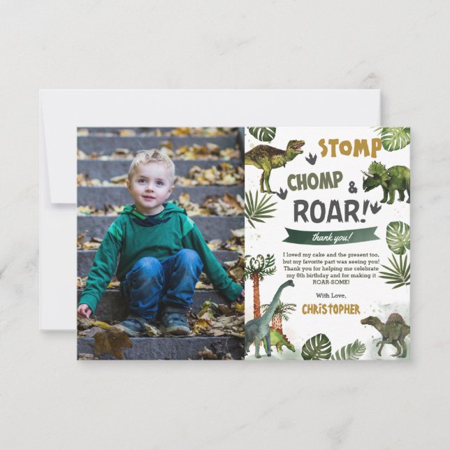 Carte De Remerciements Dinosaures de verdure Anniversaire Fête Stomp Chom (Devant)