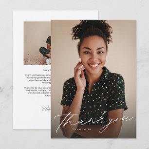 Carte De Remerciements Diplômé en écriture élégante simple deux photos