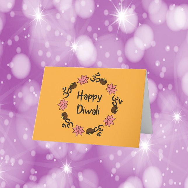 Carte De Remerciements Diwali Lotus Fleur Diya Bougie Aum Orange (A greeting card that says Happy Diwali surrouned by diya candles, lotus flowers and aum symbols)